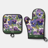 Mit Monogramm Violett-Blume Hübsche Gemusterte Blü Ofenhandschuh & Topflappen-Set (Vorderseite)