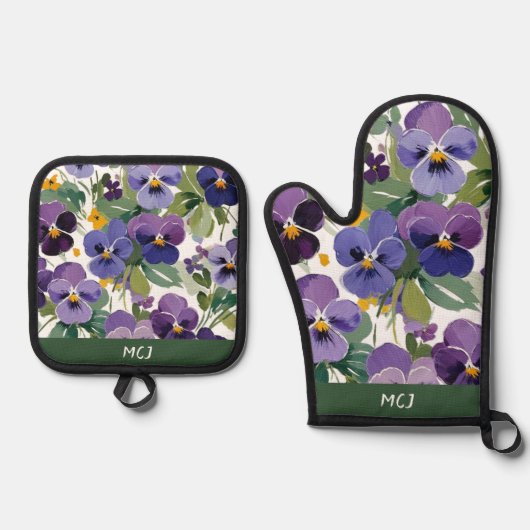 Mit Monogramm Violett-Blume Hübsche Gemusterte Blü Ofenhandschuh & Topflappen-Set (Vorderseite)