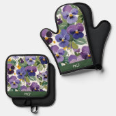 Mit Monogramm Violett-Blume Hübsche Gemusterte Blü Ofenhandschuh & Topflappen-Set (Vorderseite/Rückseite)