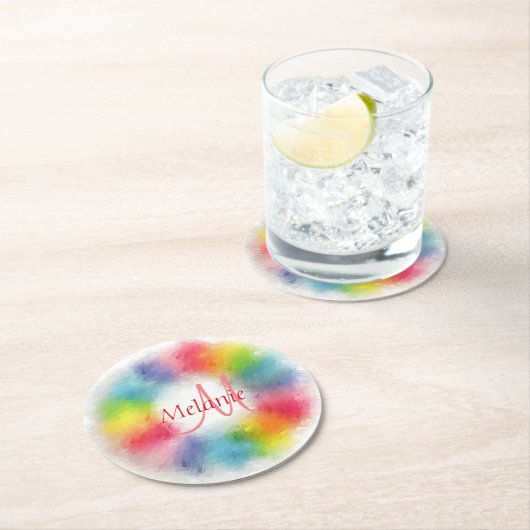 Mit Monogramm Vorlage Benutzerdefiniert Regenbogen Runder Pappuntersetzer (Vor Ort)
