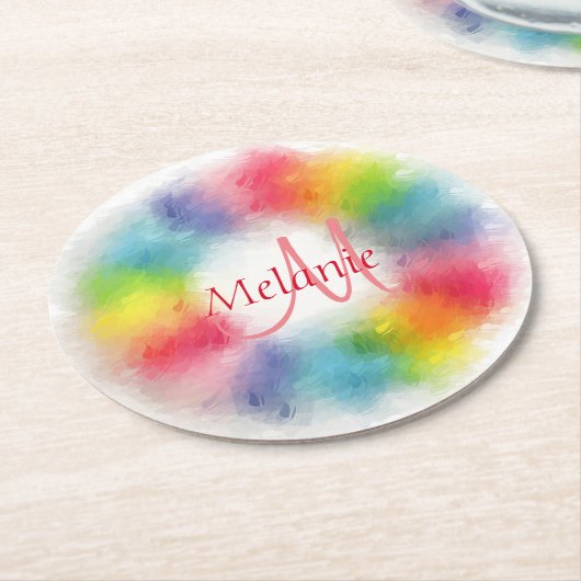 Mit Monogramm Vorlage Benutzerdefiniert Regenbogen Runder Pappuntersetzer (Angewinkelt)