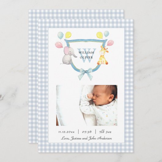 Mit Monogramm Wappen mit Aquarelltier Geburt Ankündigung (Vorne/Hinten)