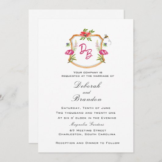 Mit Monogramm Wappen mit Blume Einladung Hochzeit (Vorne/Hinten)