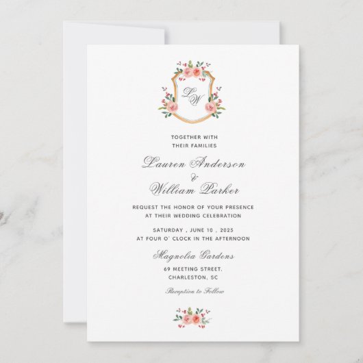 Mit Monogramm Wappen mit Blume Einladung Hochzeit (Vorderseite)