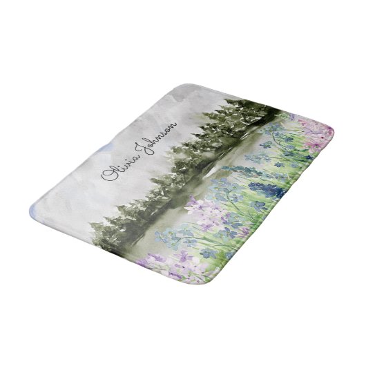 Mit Monogramm Wasserfarbe Blau Lila Blume Wiese Badematte (Schrägansicht)