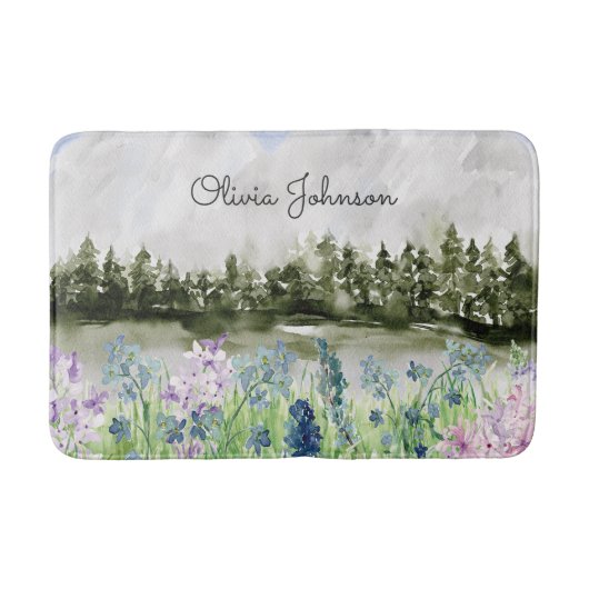 Mit Monogramm Wasserfarbe Blau Lila Blume Wiese Badematte (Vorderseite)