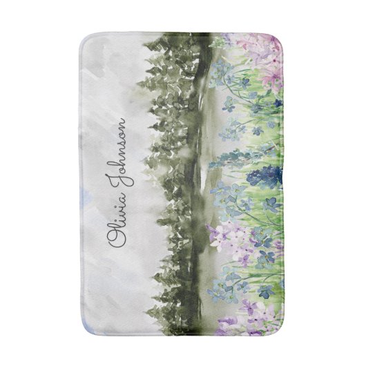 Mit Monogramm Wasserfarbe Blau Lila Blume Wiese Badematte (Vorderseite Vertikal)
