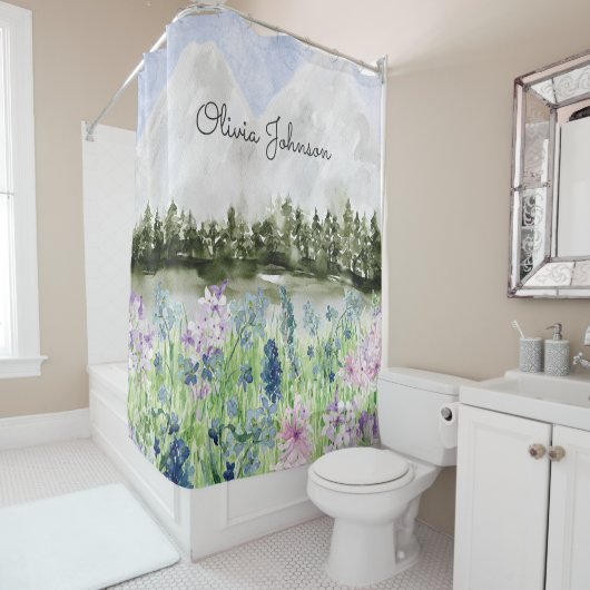 Mit Monogramm Wasserfarbe Blau Lila Blume Wiese Duschvorhang (Beispiel)