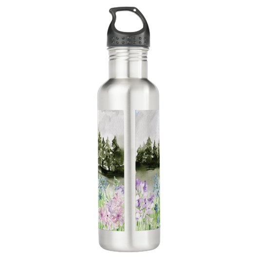Mit Monogramm Wasserfarbe Blau Lila Blume Wiese Edelstahlflasche (Rückseite)