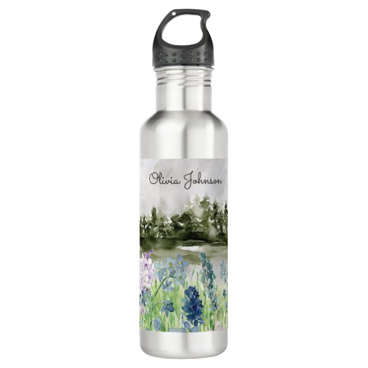 Mit Monogramm Wasserfarbe Blau Lila Blume Wiese Edelstahlflasche (Vorderseite)
