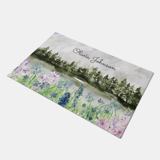 Mit Monogramm Wasserfarbe Blau Lila Blume Wiese Fußmatte (Schrägansicht)