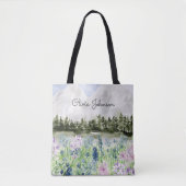 Mit Monogramm Wasserfarbe Blau Lila Blume Wiese Tasche (Vorderseite)