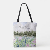 Mit Monogramm Wasserfarbe Blau Lila Blume Wiese Tasche (Rückseite)