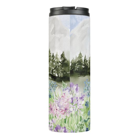 Mit Monogramm Wasserfarbe Blau Lila Blume Wiese Thermosbecher (Rückseite)