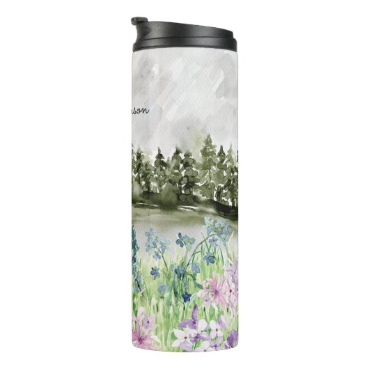 Mit Monogramm Wasserfarbe Blau Lila Blume Wiese Thermosbecher (Nach rechts gedreht)
