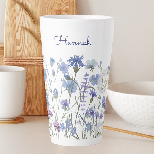 Mit Monogramm Wasserfarbe Blaue Wildblume Wiese Milchtasse