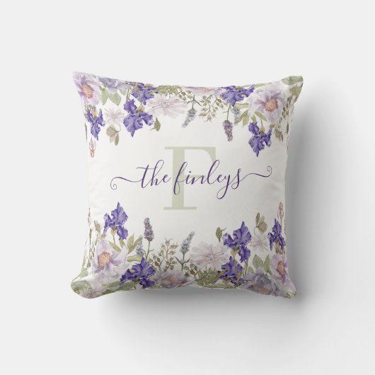 Mit Monogramm Wasserfarbe Iris Lavendel Pillow Kissen (Vorderseite)