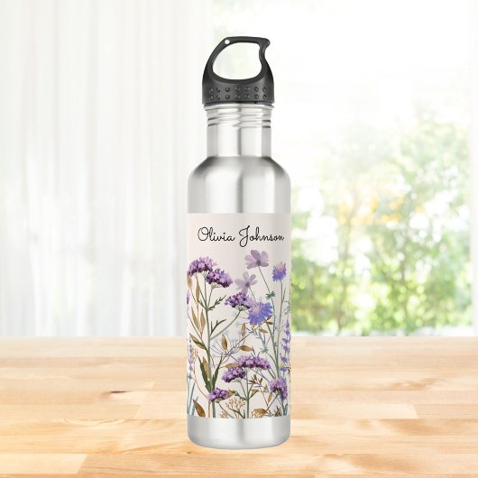 Mit Monogramm Wasserfarbe Lila Wildblume Wiese Edelstahlflasche