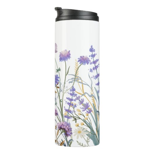Mit Monogramm Wasserfarbe Lila Wildblume Wiese Thermosbecher (Nach rechts gedreht)