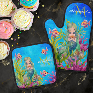 Mit Monogramm Wasserfarbe Meerjungfrau Aquamarine  Ofenhandschuh & Topflappen-Set
