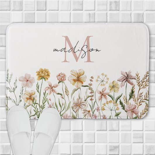 Mit Monogramm Wasserfarbe Wildblume Wiese Badematte