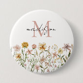 Mit Monogramm Wasserfarbe Wildblume Wiese Button (Vorderseite)
