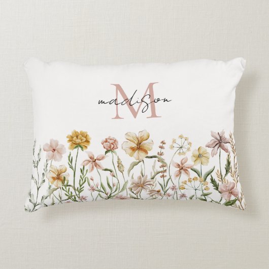 Mit Monogramm Wasserfarbe Wildblume Wiese Dekokissen (Vorderseite)