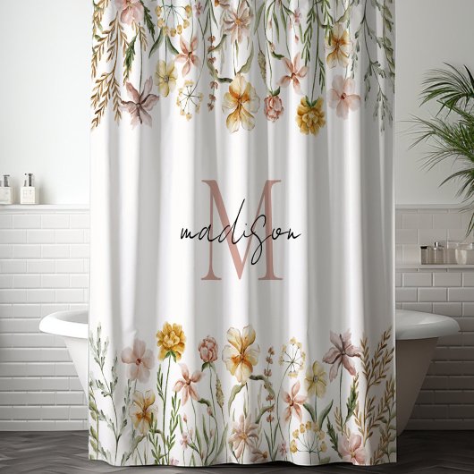 Mit Monogramm Wasserfarbe Wildblume Wiese Duschvorhang
