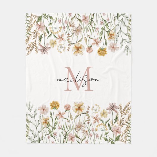 Mit Monogramm Wasserfarbe Wildblume Wiese Fleecedecke (Vorderseite)
