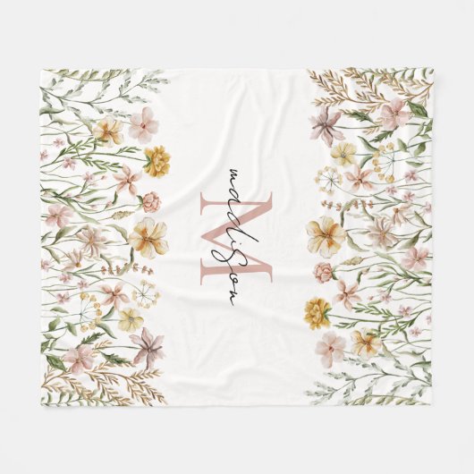 Mit Monogramm Wasserfarbe Wildblume Wiese Fleecedecke (Vorderseite (Horizontal))