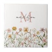 Mit Monogramm Wasserfarbe Wildblume Wiese Fliese (Vorderseite)