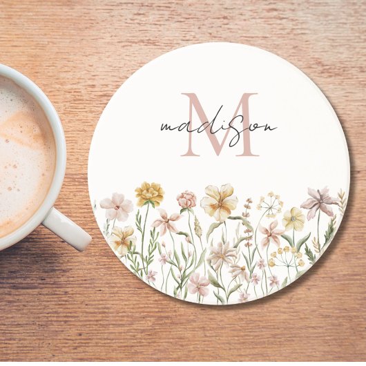 Mit Monogramm Wasserfarbe Wildblume Wiese Getränkeuntersetzer