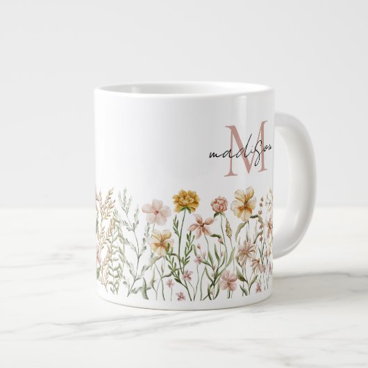 Mit Monogramm Wasserfarbe Wildblume Wiese Jumbo-Tasse (Vorderseite Rechts)