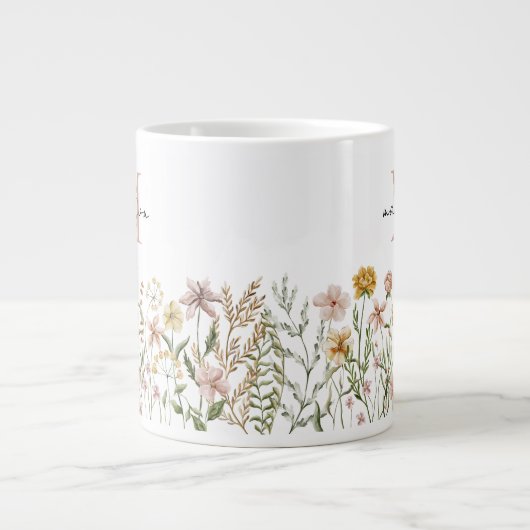 Mit Monogramm Wasserfarbe Wildblume Wiese Jumbo-Tasse (Vorderseite)