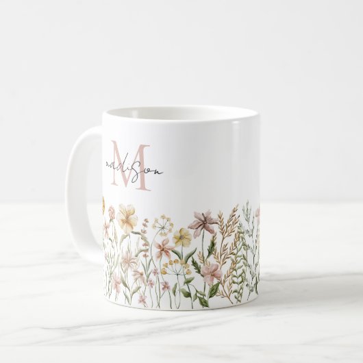 Mit Monogramm Wasserfarbe Wildblume Wiese Kaffeetasse (Vorderseite Links)