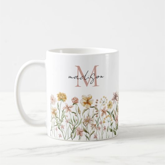 Mit Monogramm Wasserfarbe Wildblume Wiese Kaffeetasse (Links)
