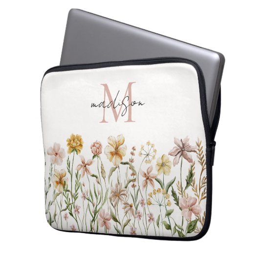 Mit Monogramm Wasserfarbe Wildblume Wiese Laptopschutzhülle (Vorderseite Links)