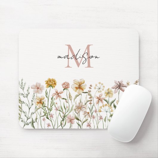 Mit Monogramm Wasserfarbe Wildblume Wiese Mousepad (Mit Mouse)