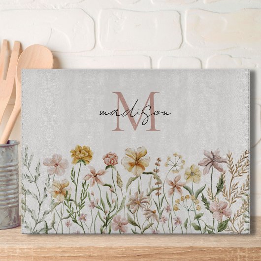 Mit Monogramm Wasserfarbe Wildblume Wiese Schneidebrett