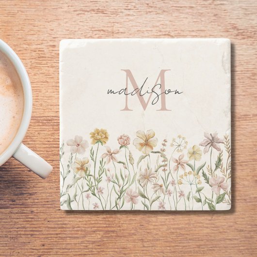 Mit Monogramm Wasserfarbe Wildblume Wiese Steinuntersetzer