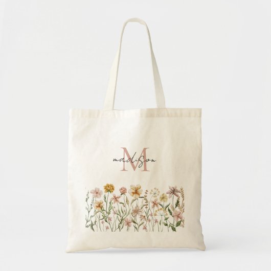Mit Monogramm Wasserfarbe Wildblume Wiese Tragetasche (Vorne)