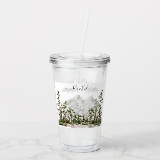 Mit Monogramm Wasserfarbengebirge und Wald Acryltrinkbecher (Rückseite)