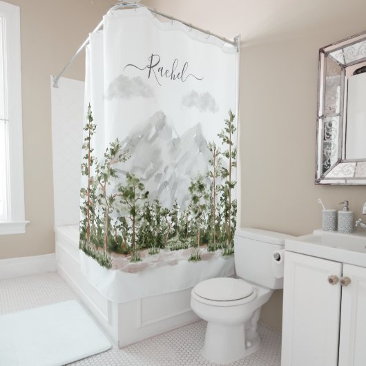 Mit Monogramm Wasserfarbengebirge und Wald Duschvorhang (Beispiel)