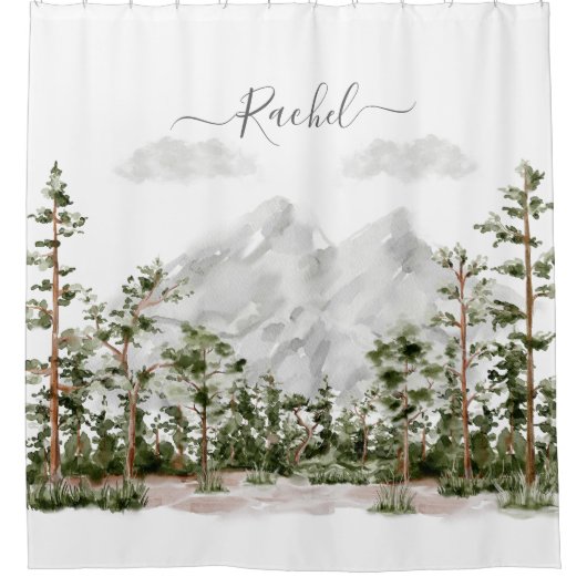 Mit Monogramm Wasserfarbengebirge und Wald Duschvorhang (Vorderseite)