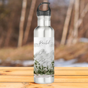Mit Monogramm Wasserfarbengebirge und Wald Edelstahlflasche