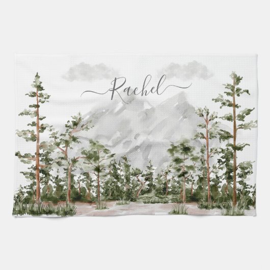 Mit Monogramm Wasserfarbengebirge und Wald Geschirrtuch (Horizontal)