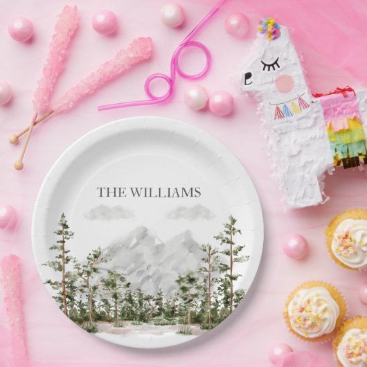 Mit Monogramm Wasserfarbengebirge und Wald Pappteller (Party)