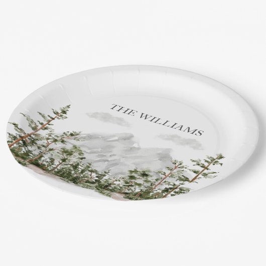 Mit Monogramm Wasserfarbengebirge und Wald Pappteller (Schrägansicht)