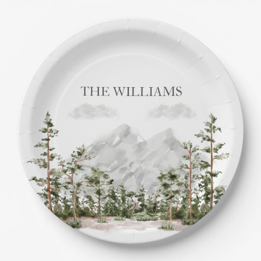 Mit Monogramm Wasserfarbengebirge und Wald Pappteller (Vorderseite)