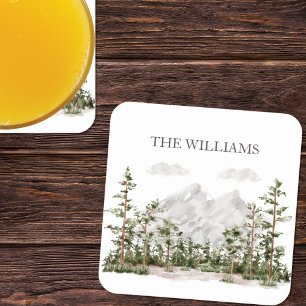 Mit Monogramm Wasserfarbengebirge und Wald Rechteckiger Pappuntersetzer